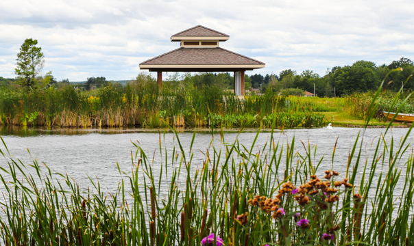 Lakefront property view of Prairie Lake’s lakeside gazebo